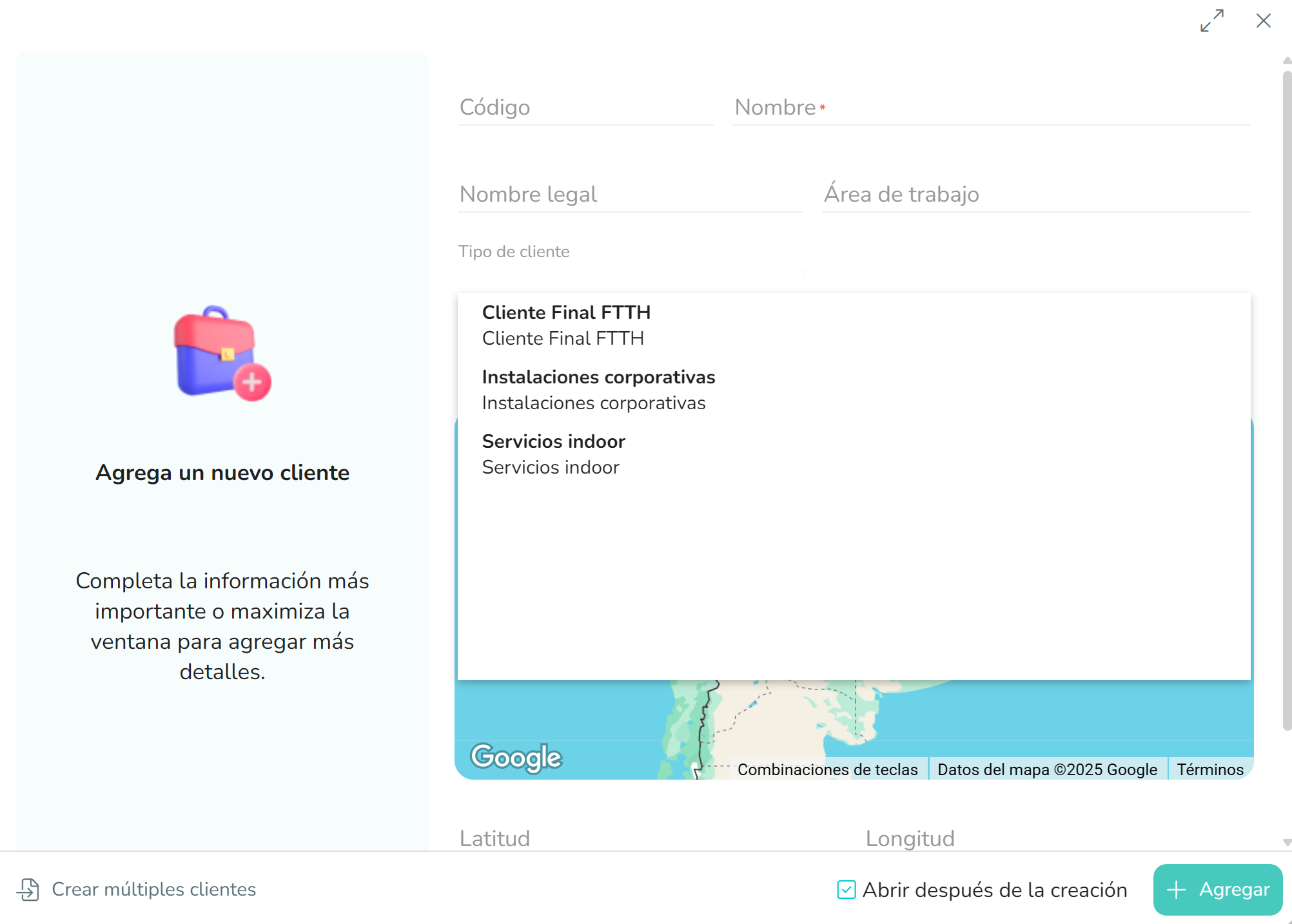 creación individual de un nuevo cliente