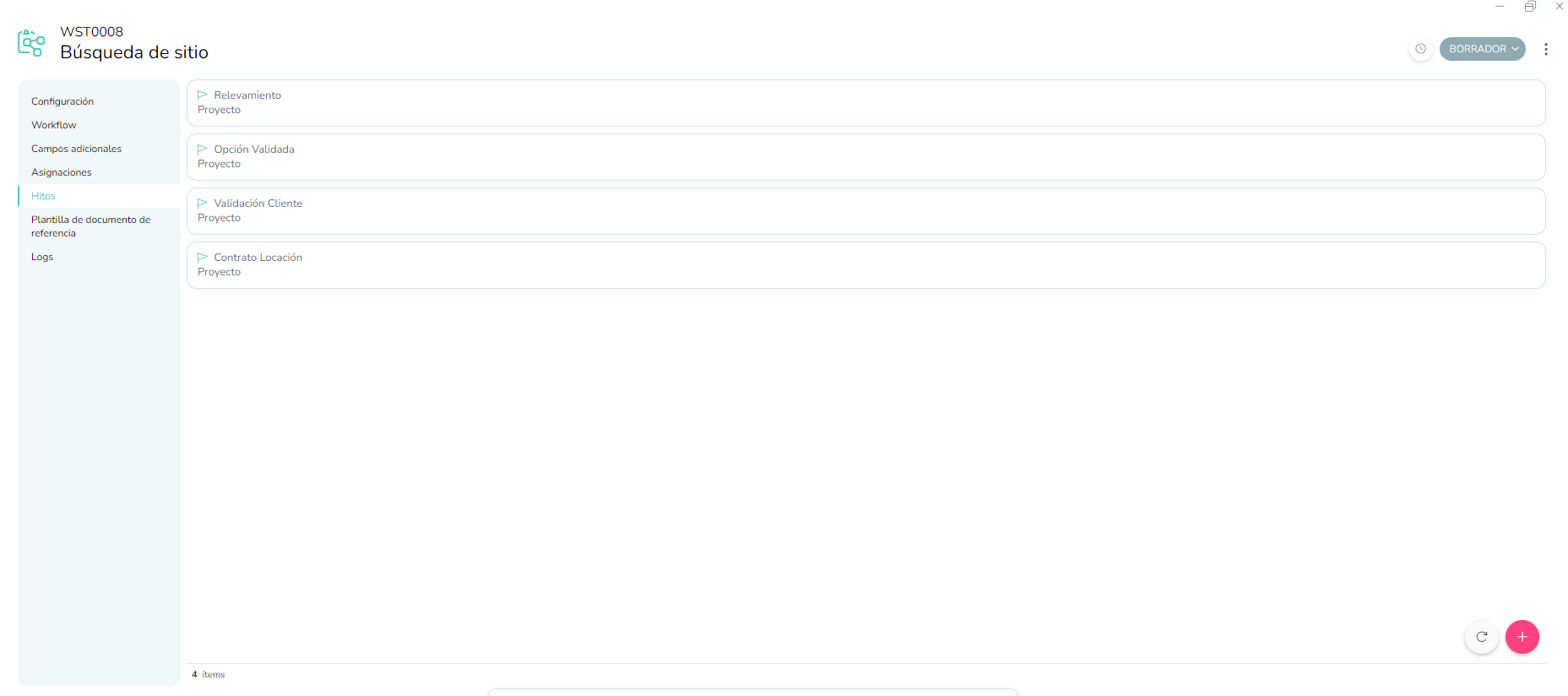 Tab de configuración de hitos dentro de una plantilla de workflow
