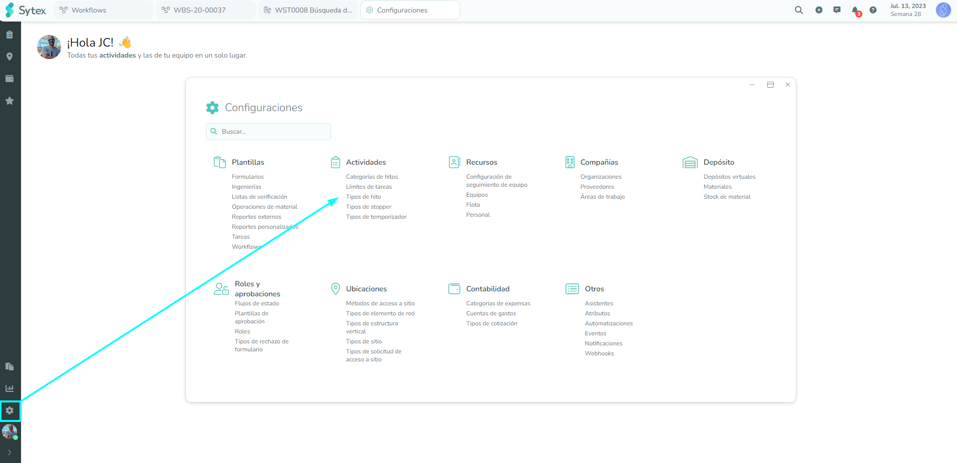 Acceso a configuraciones, tipos de hito