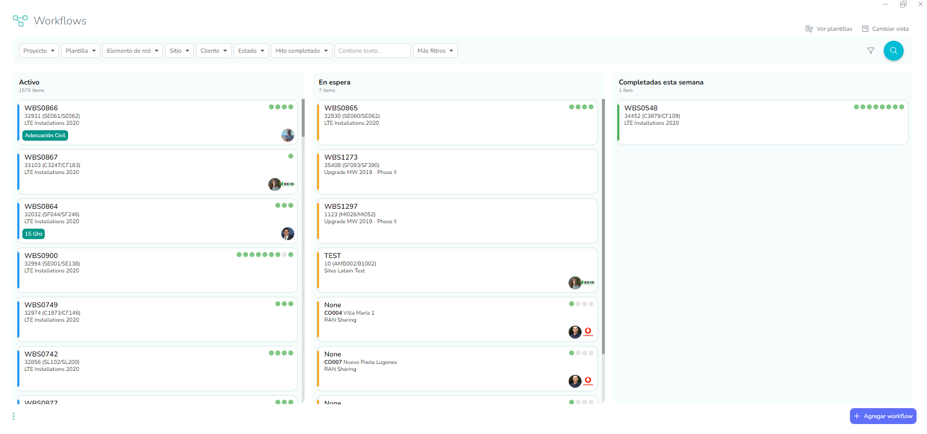 Buscador de workflows en modo vista de panel, con el avance de hitos en cada uno