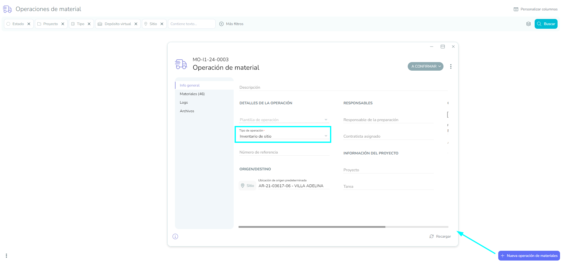 nueva MO, generada desde el buscador de operaciones de material
