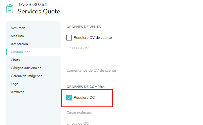 Captura de pantalla de una Tarea, en la sección Contabilidad