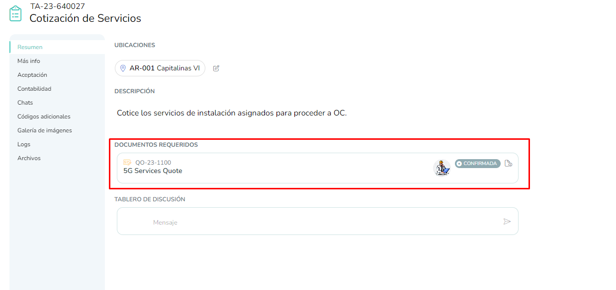 Captura de una Tarea en Sytex con Doc. Requerido tipo Cotización