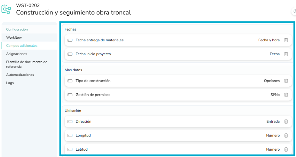 Campos adicionales configurados, categorizados y ordenados