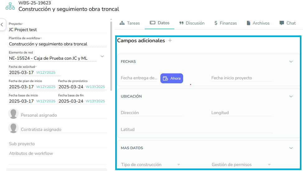 Vista de campos adicionales en workflow instanciado