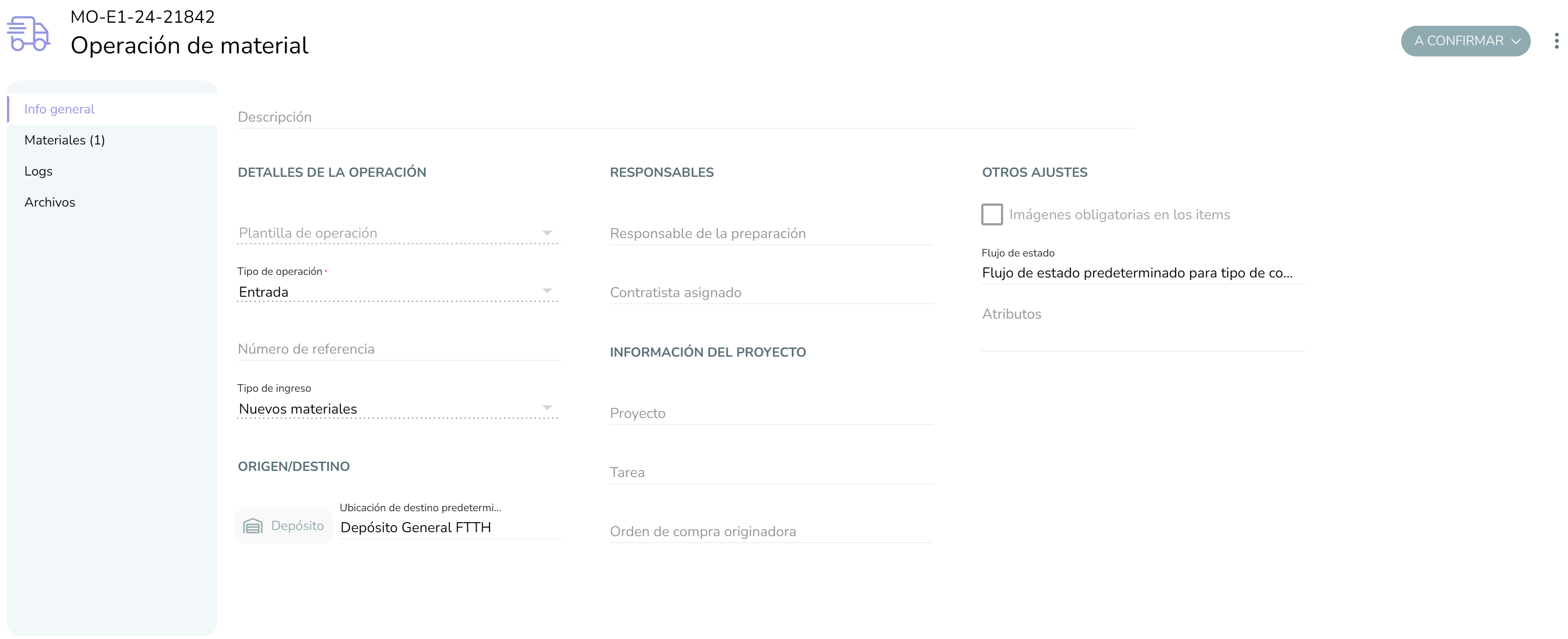 Los campos "Tipo de operación", "Tipo de ingreso" y "Depósito" caracterizan este tipo de opearción.