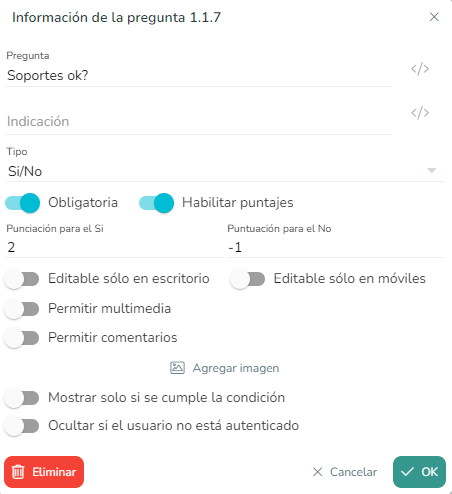 Pregunta Si/No con puntaje 2 para Si y -1 para No