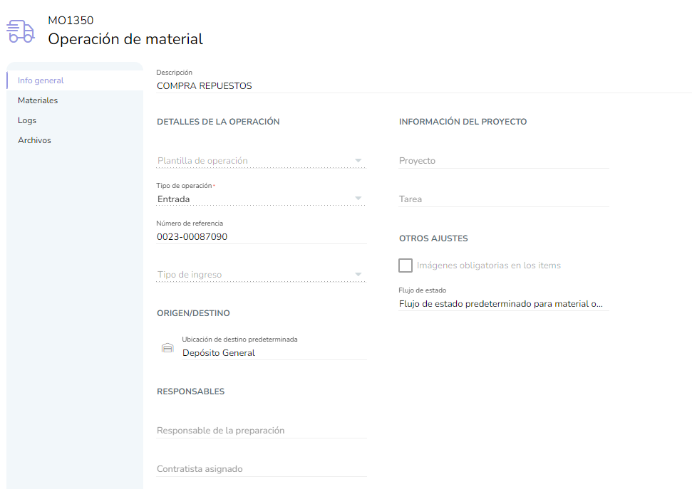Operación de material de tipo entrada