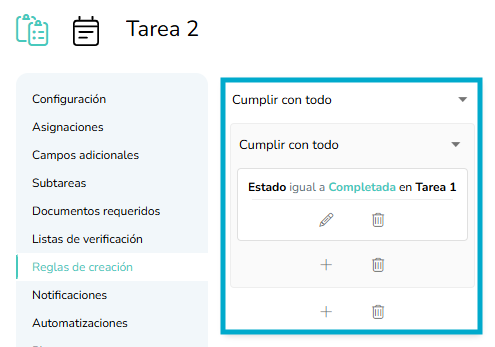 Regla de creación evaluando otra tarea