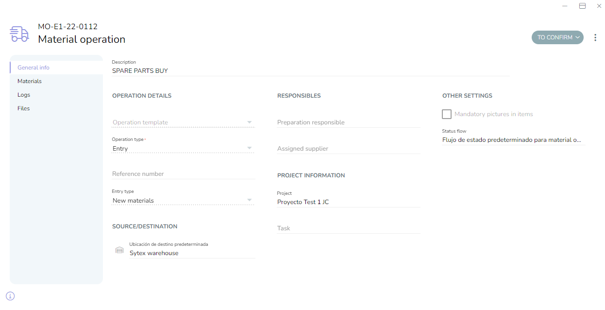 material operation type new materials entry