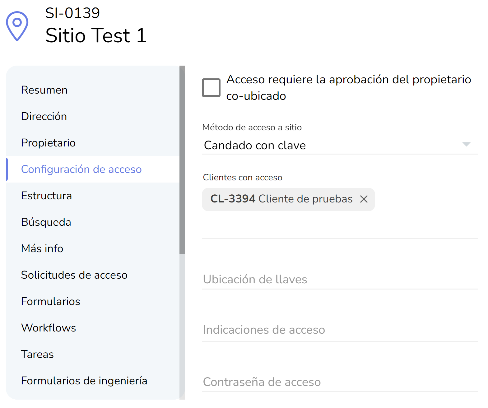 novos campos configuráveis em "Configurações de acesso" para cada site