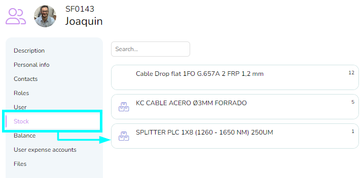 visão de estoque para uma equipe da empresa, também se aplica a armazéns, técnicos, sites, etc.