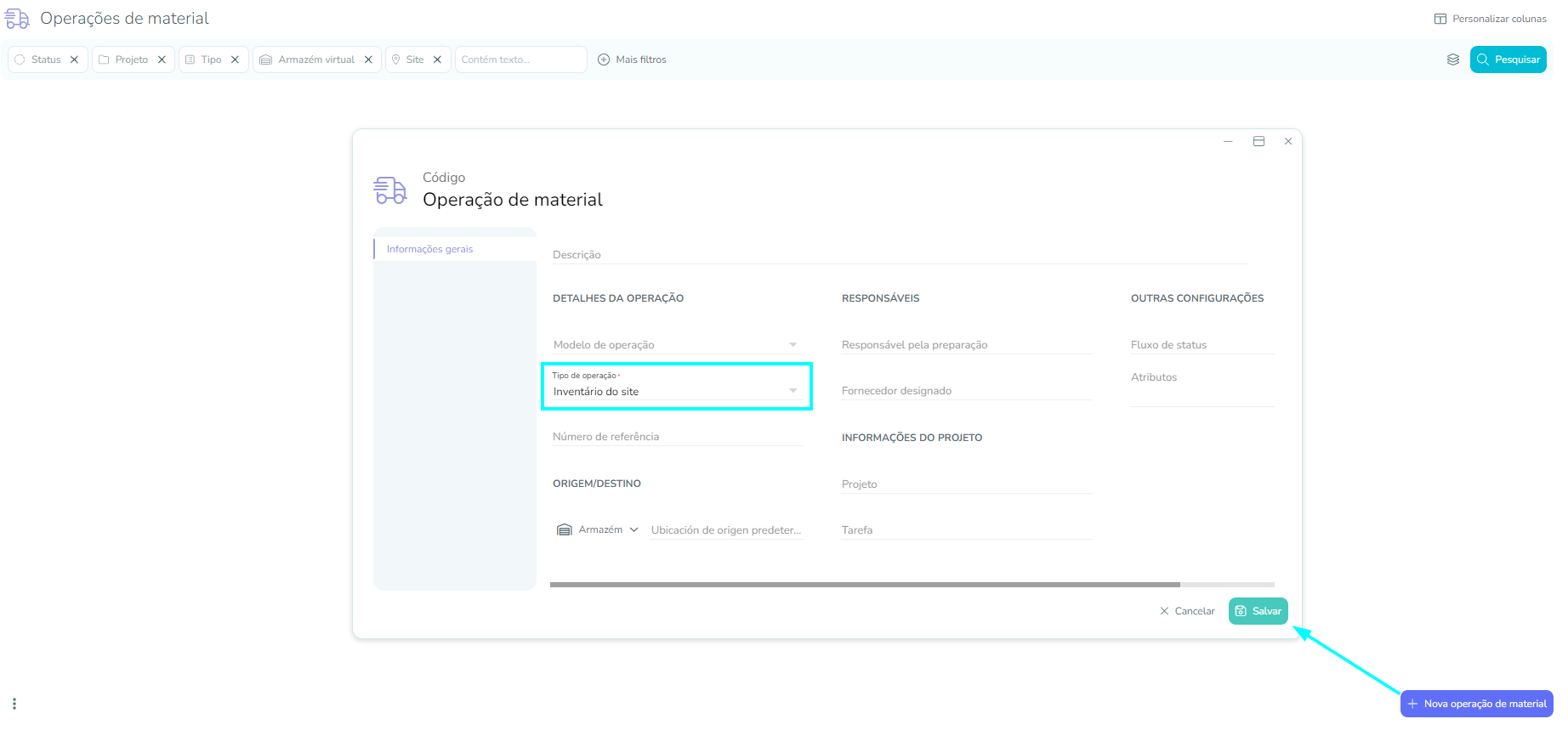 novo MO, gerado a partir do localizador de operações de materiais