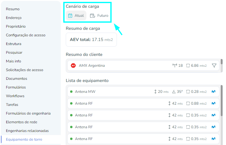 botões para mudar para o carregamento da torre atual ou futuro