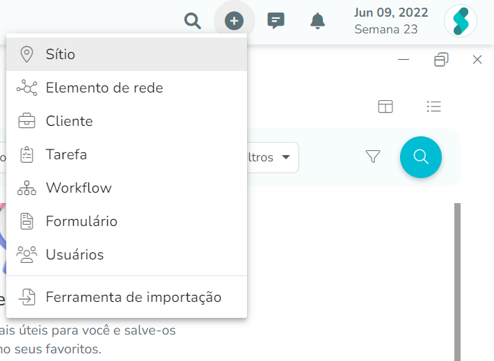 Selecionando o sinal + exibe um menu onde você encontrará a opção "Site"